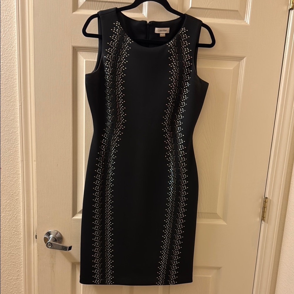 Calvin Klein Embellished Black and Silver Mini Sheath Dress